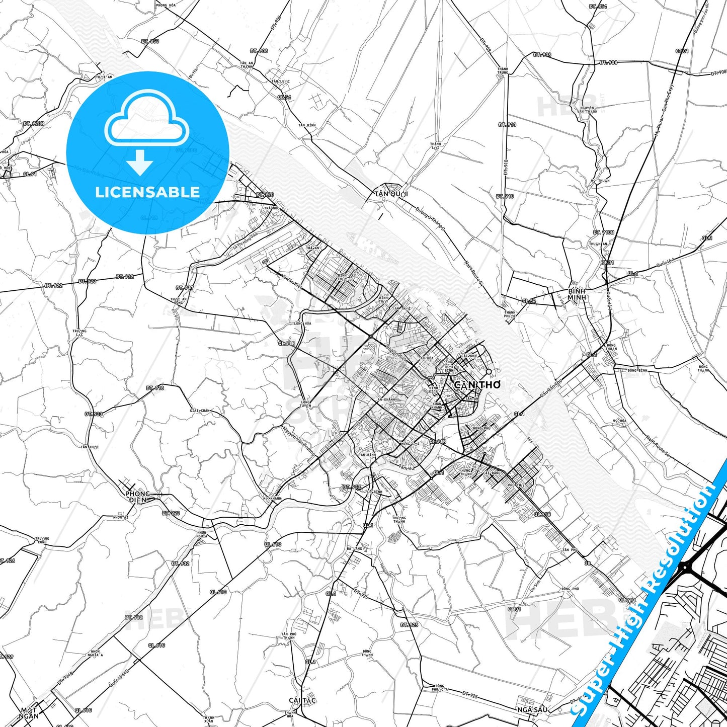 Cantho, Vietnam light map with streetnames, citynames and districts