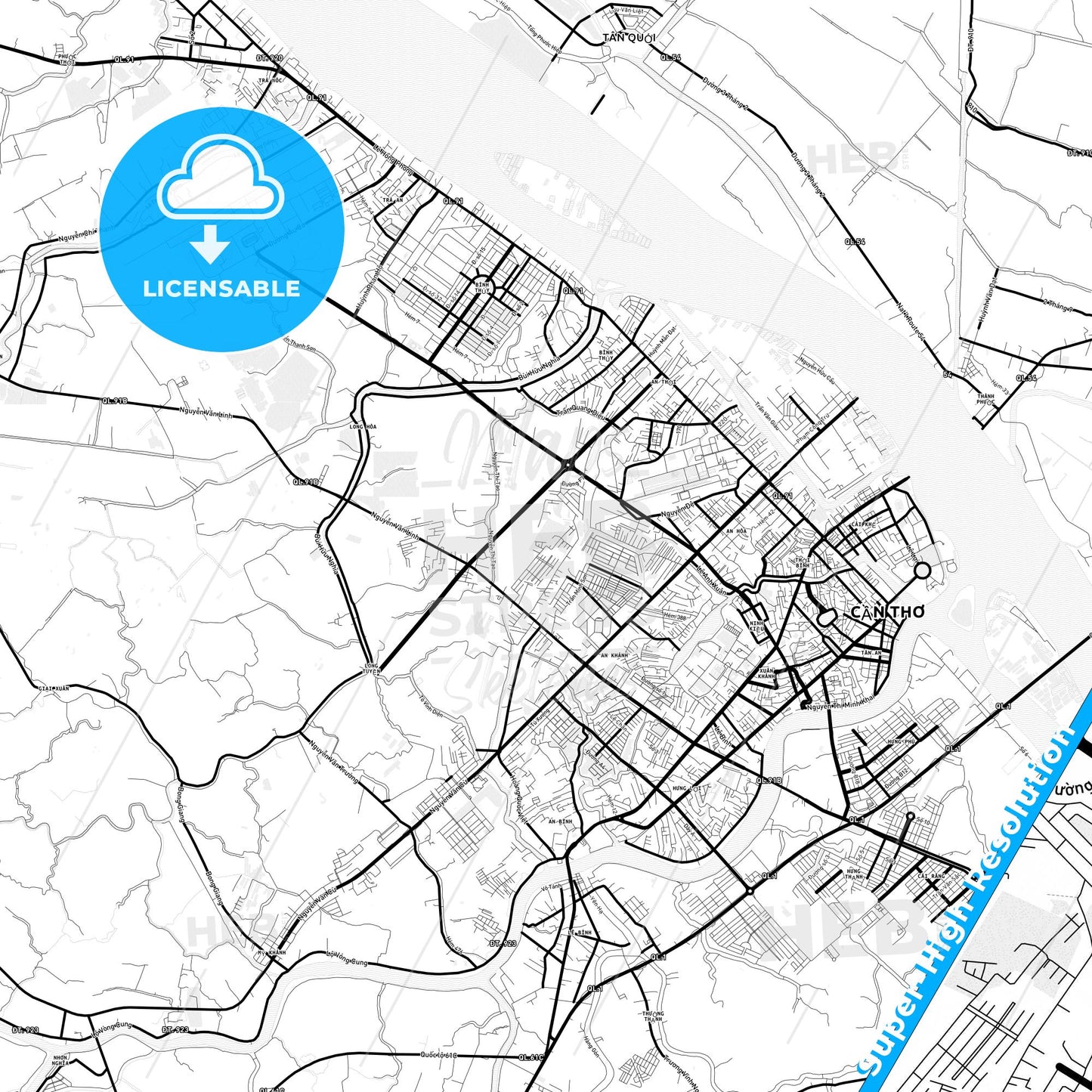 Cantho, Vietnam Light Map with Street Names, City Names, and Districts