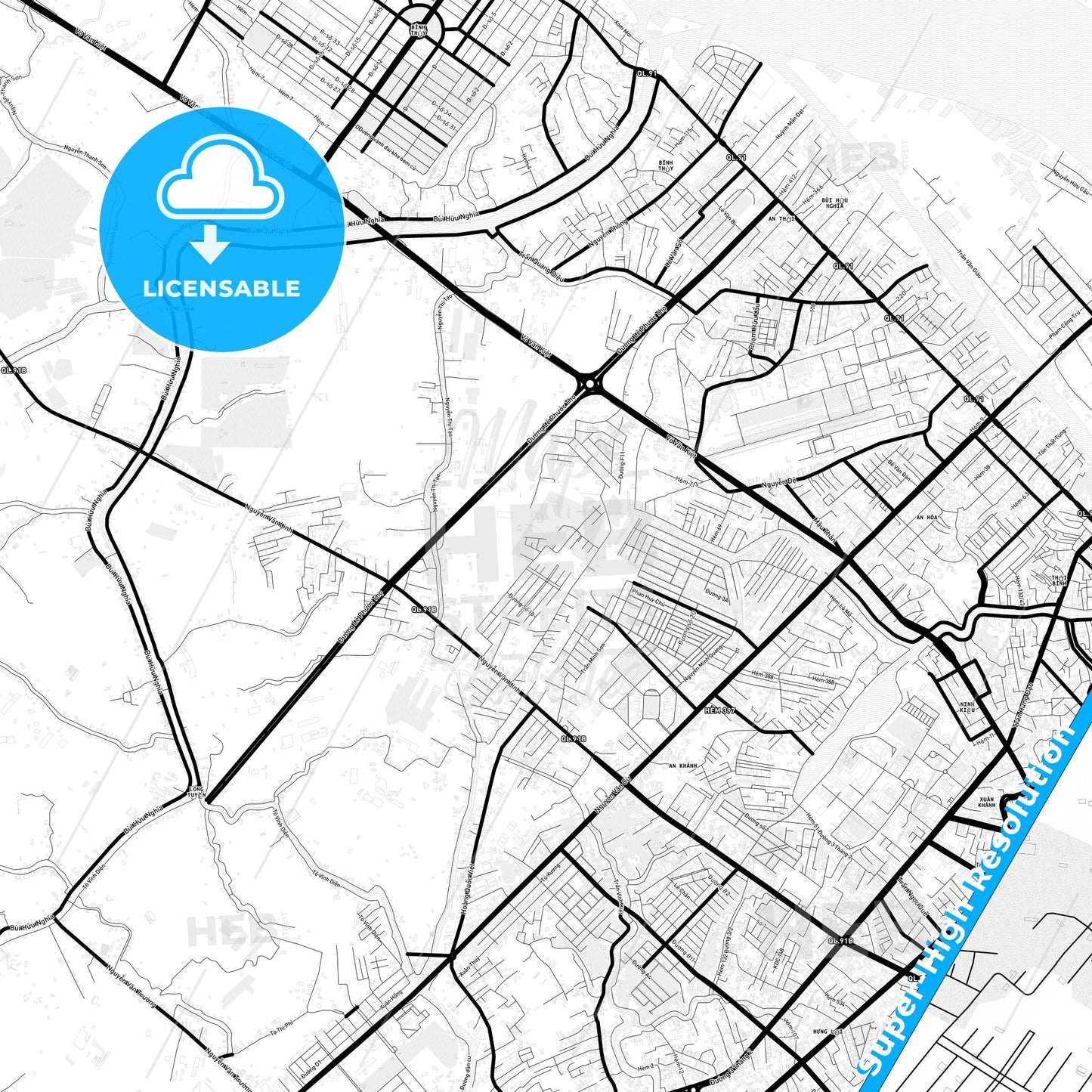 Cantho, Vietnam Light Map with Street Names, City Names, and Districts