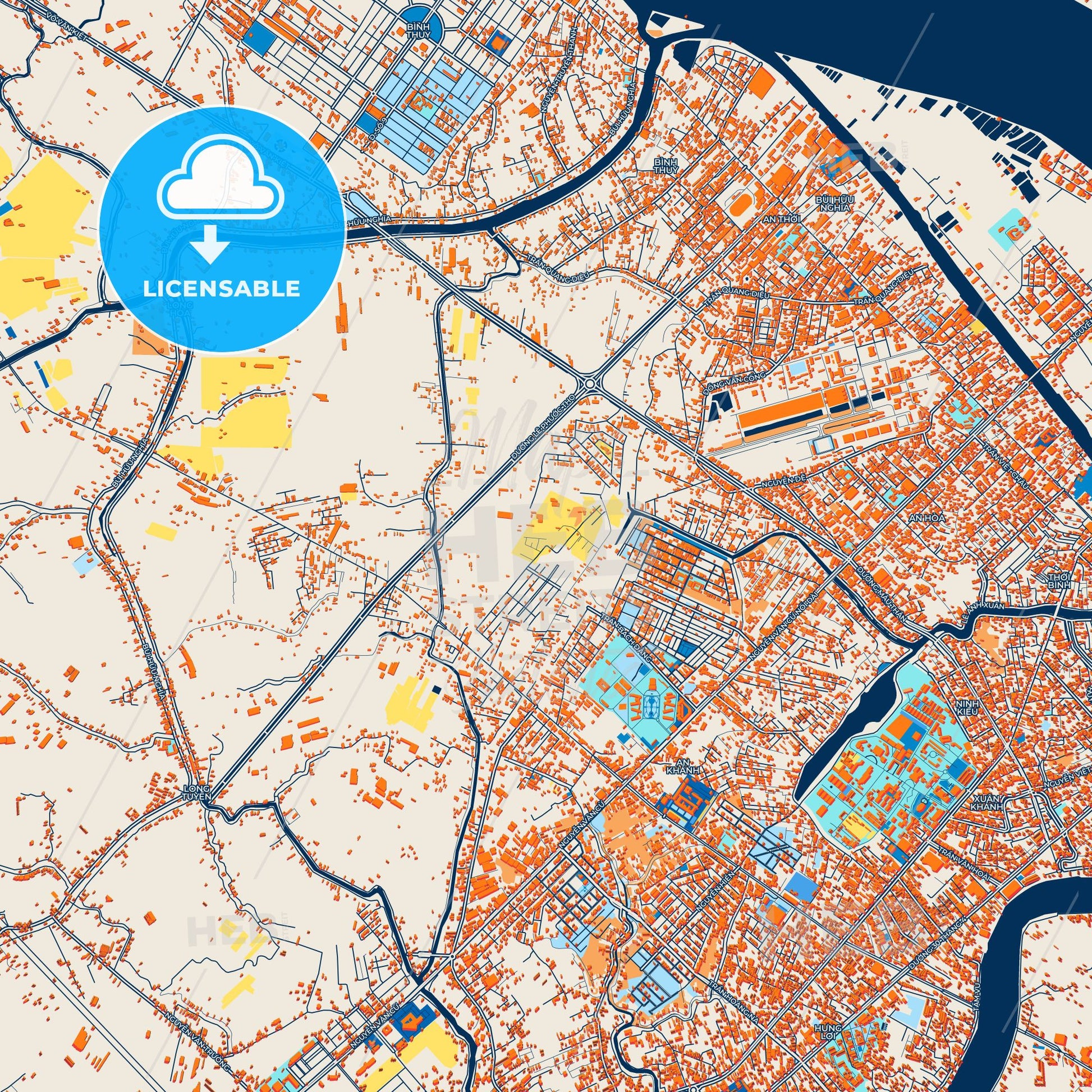 Colorful Cantho Street Map with Labels and Buildings