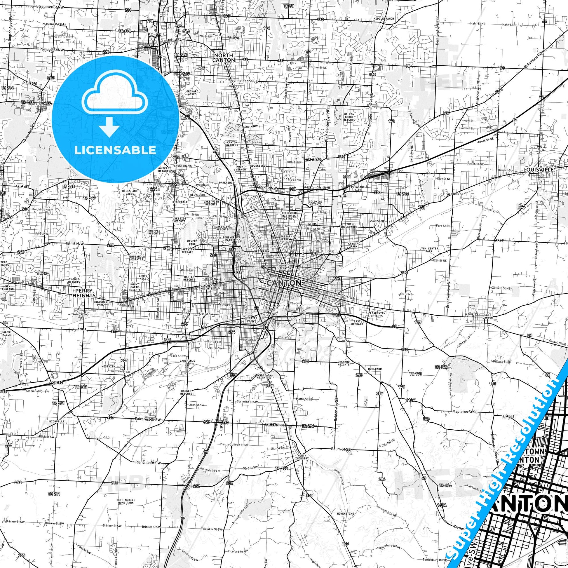 Canton, Ohio light map with streetnames, citynames and districts