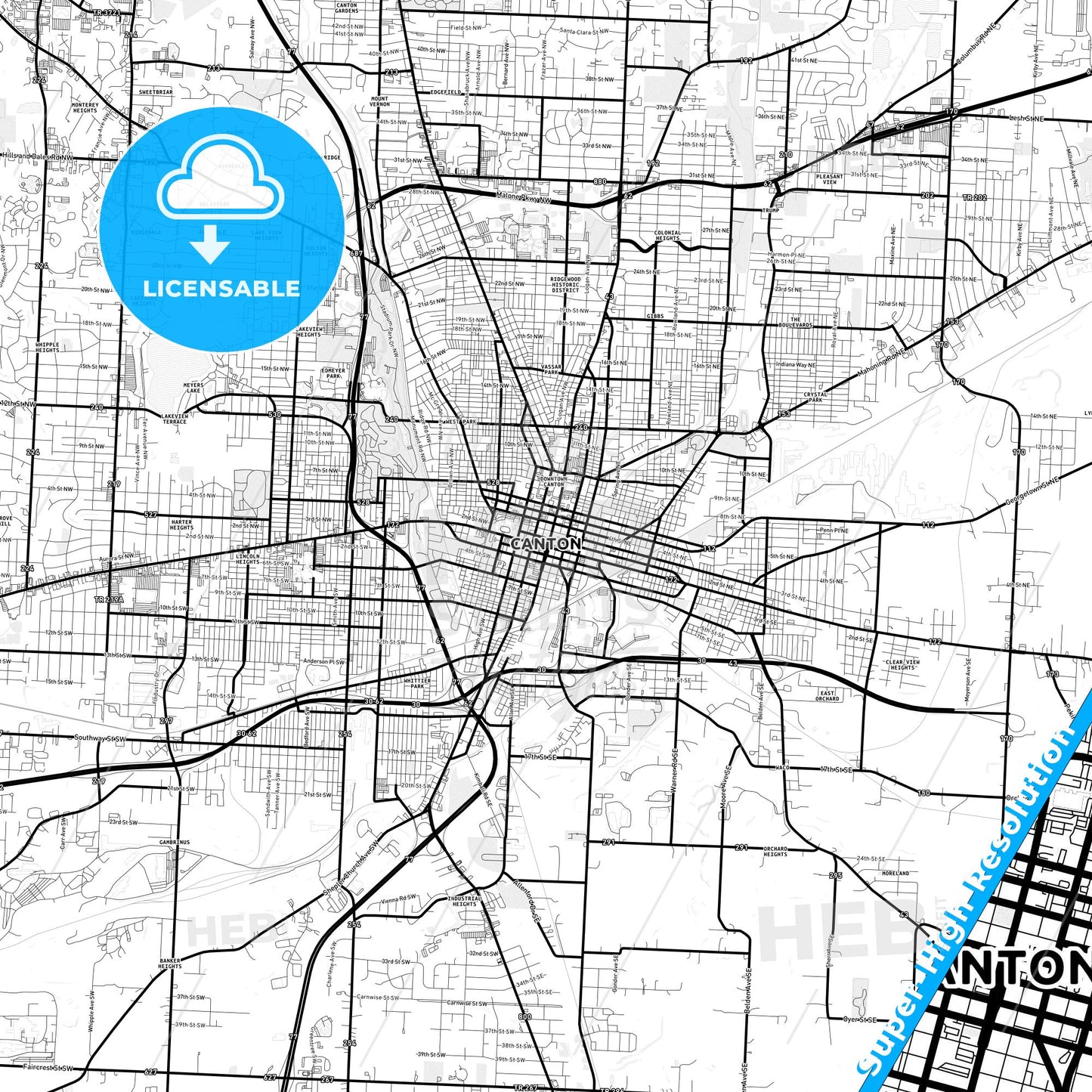 Canton, Ohio Light Map with Street Names, City Names, and Districts