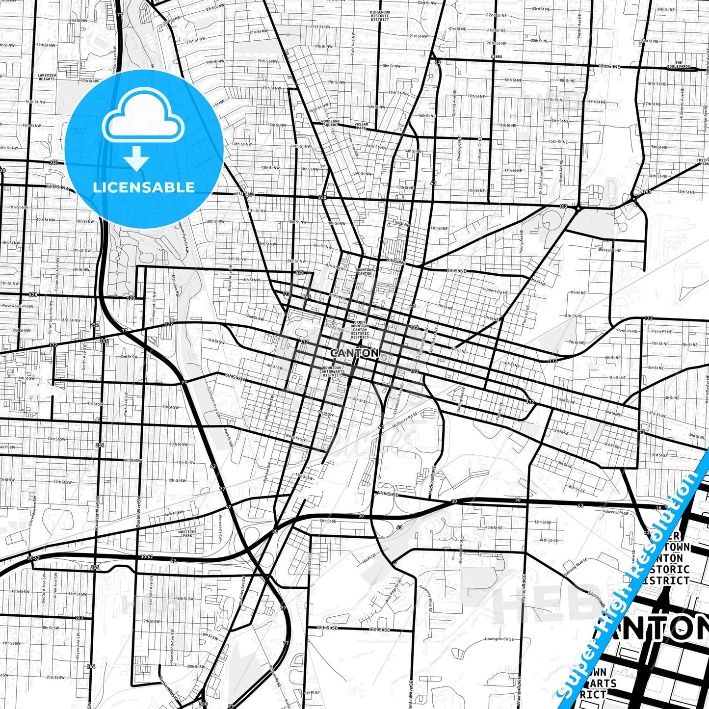 Canton, Ohio Light Map with Street Names, City Names, and Districts