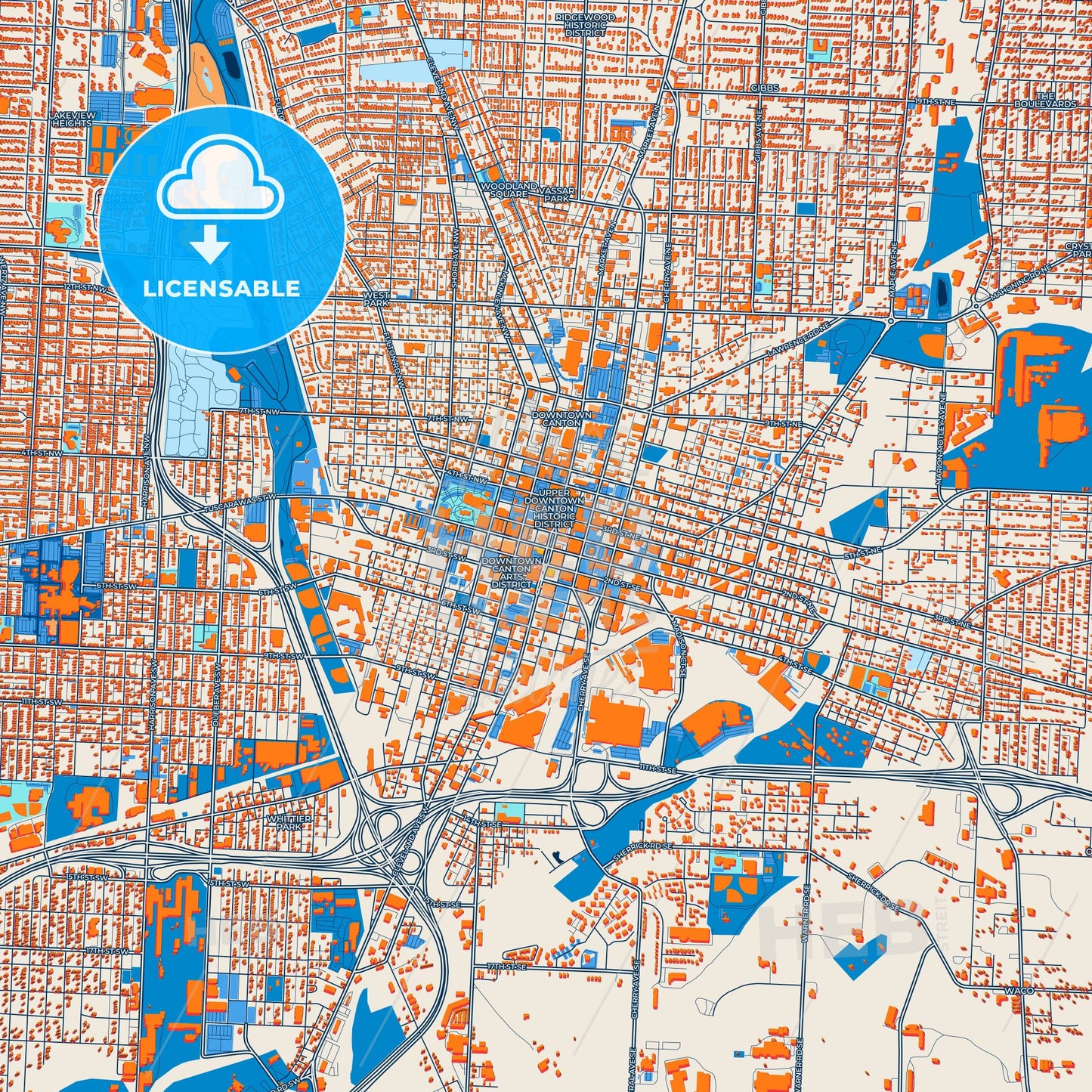 Colorful Canton Street Map with Labels and Buildings