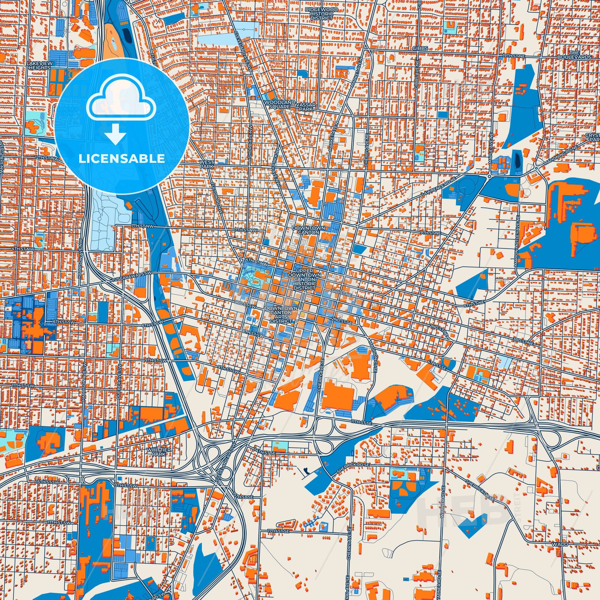 Colorful Canton Street Map with Labels and Buildings