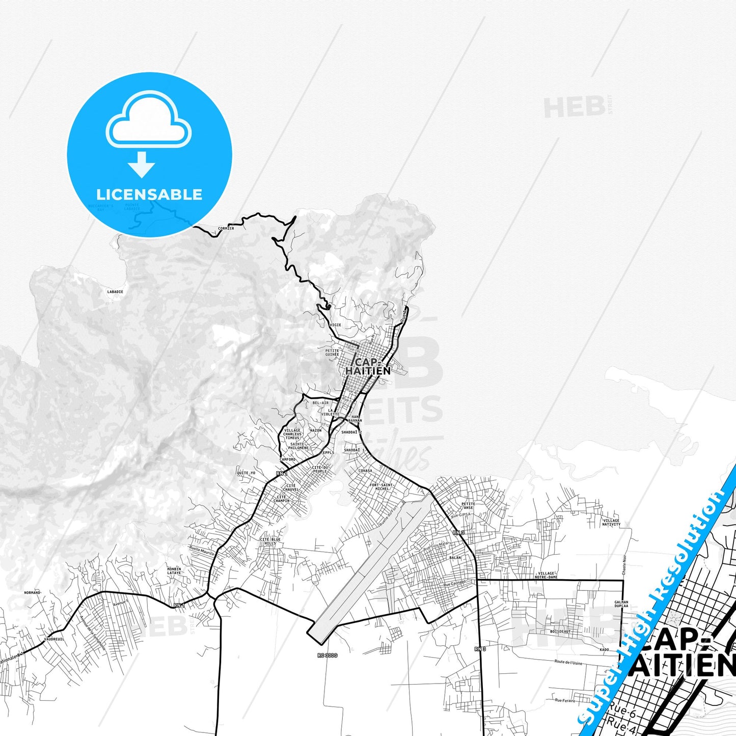 Cap-Haïtien, Haiti Light Map with Street Names, City Names, and Districts