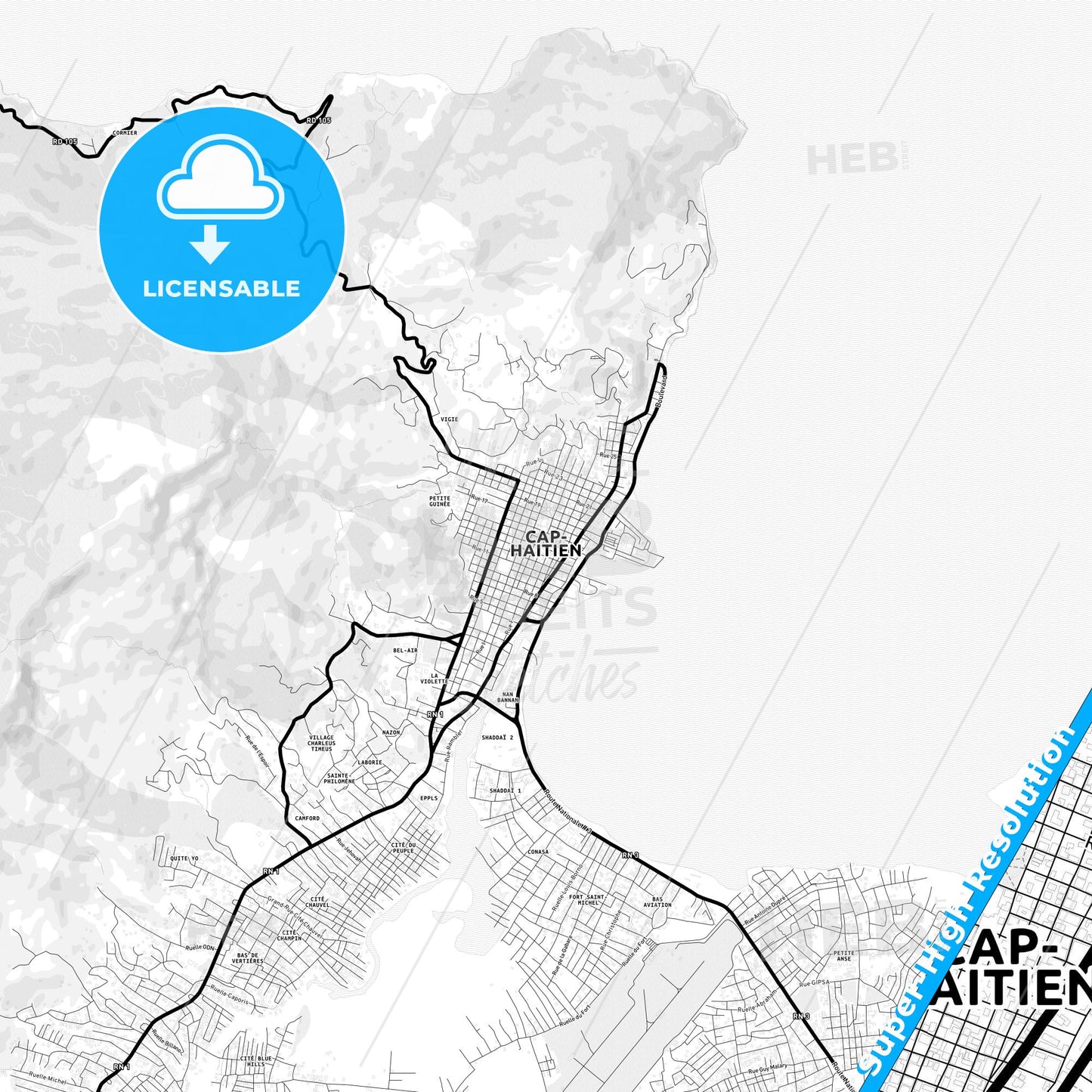 Cap-Haïtien, Haiti Light Map with Street Names, City Names, and Districts