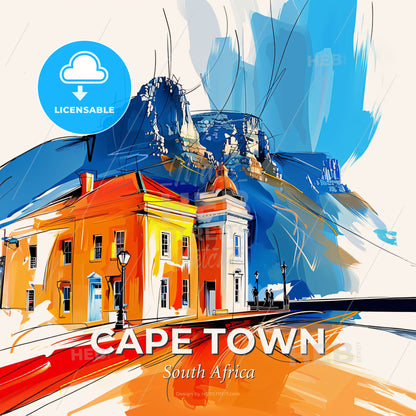 Vibrant Cape Town, South Africa - A Painting Of A Building With A Mountain In The Background - Square format print template
