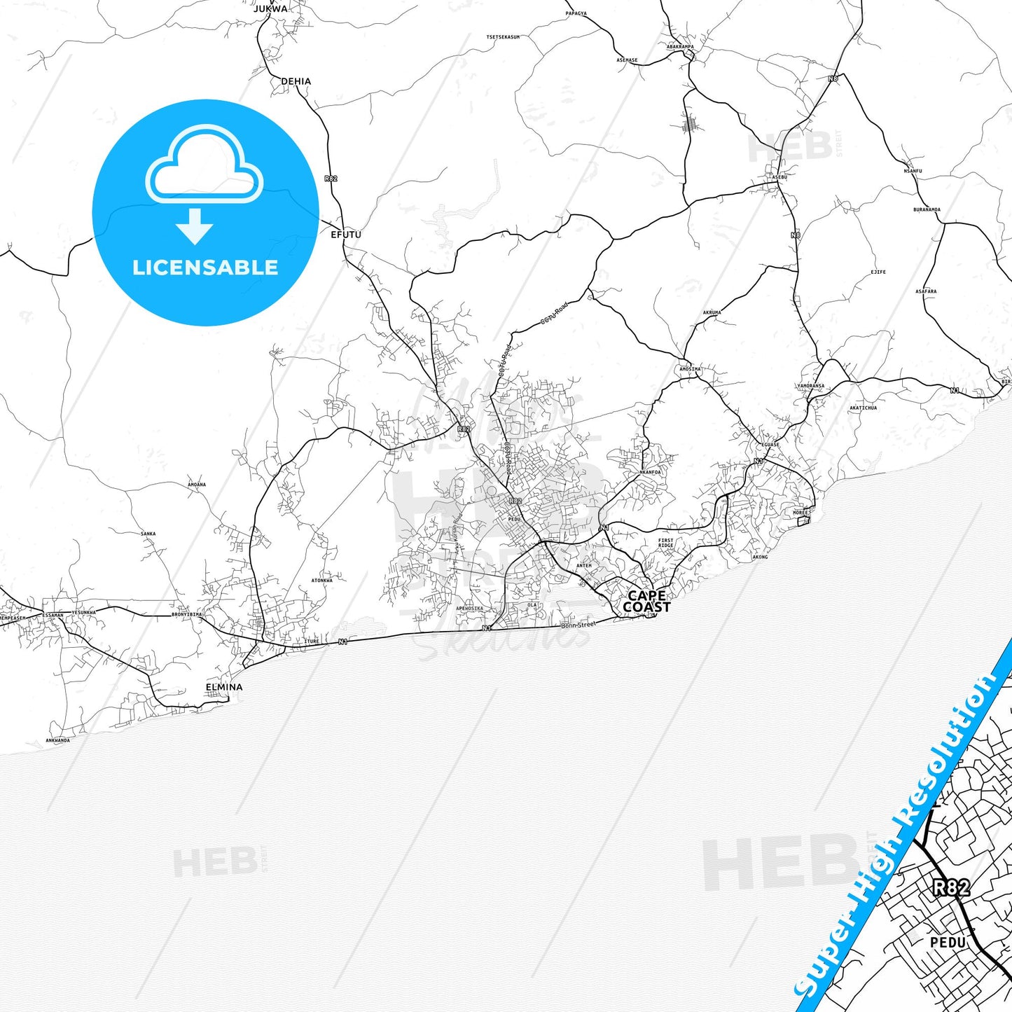 Cape Coast, Ghana light map with streetnames, citynames and districts