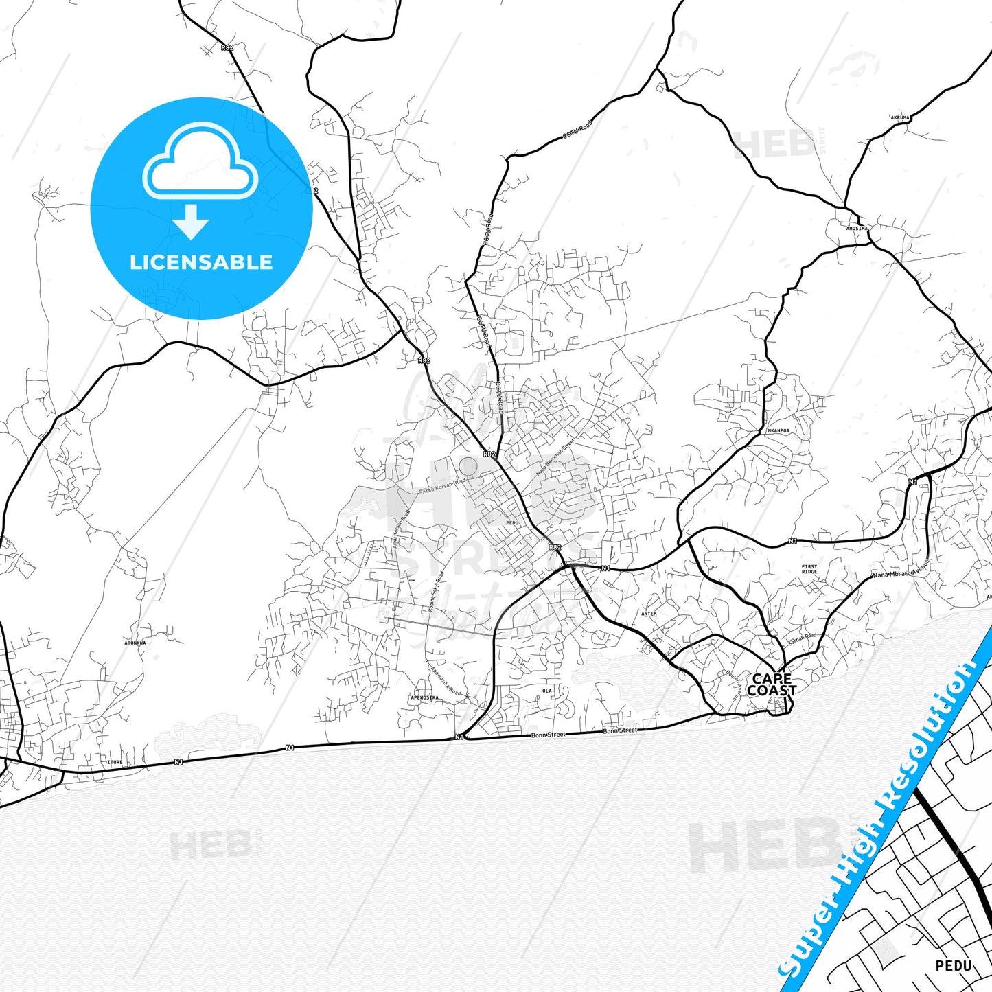 Cape Coast, Ghana Light Map with Street Names, City Names, and Districts