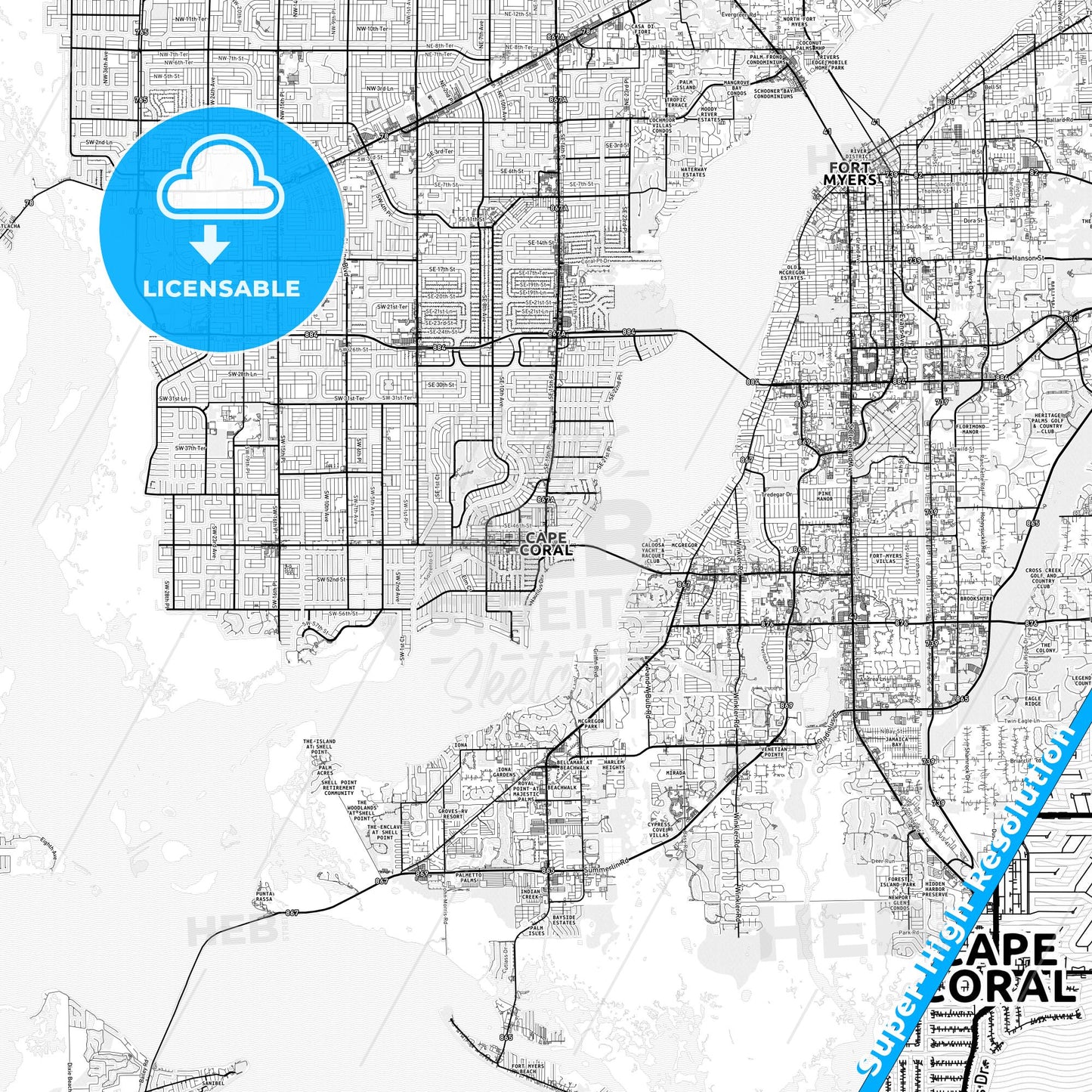 Cape Coral, Florida light map with streetnames, citynames and districts