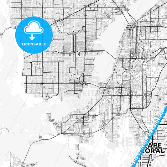 Cape Coral, Florida light map with streetnames, citynames and districts