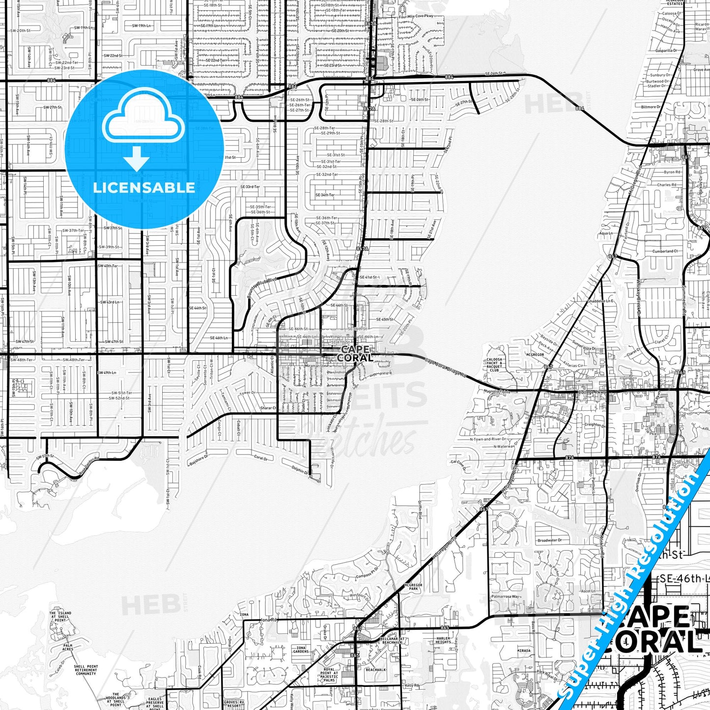 Cape Coral, Florida Light Map with Street Names, City Names, and Districts