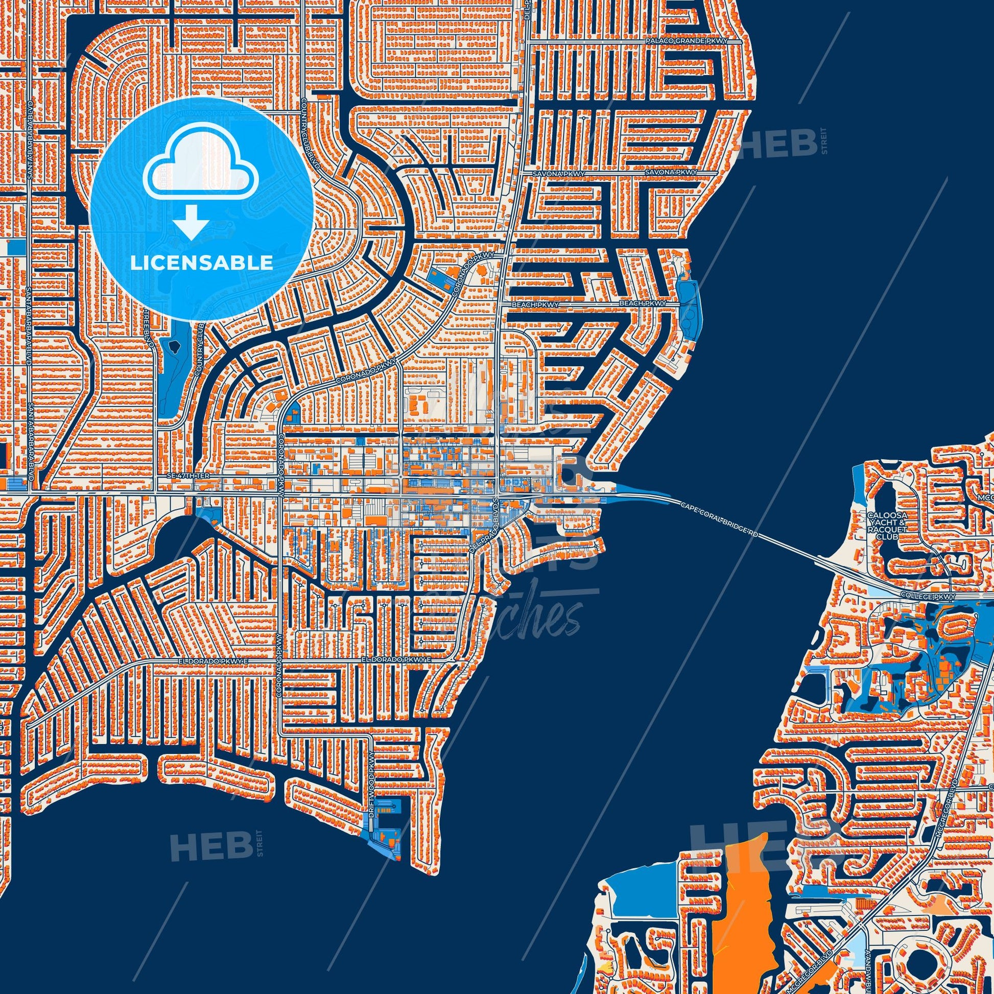 Colorful Cape Coral Street Map with Labels and Buildings