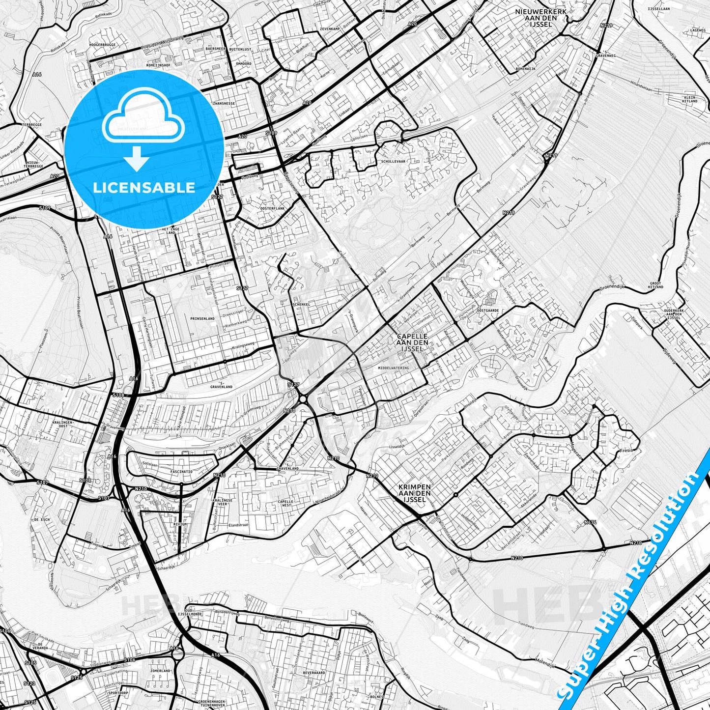 Capelle aan den IJssel, Netherlands Light Map with Street Names, City Names, and Districts