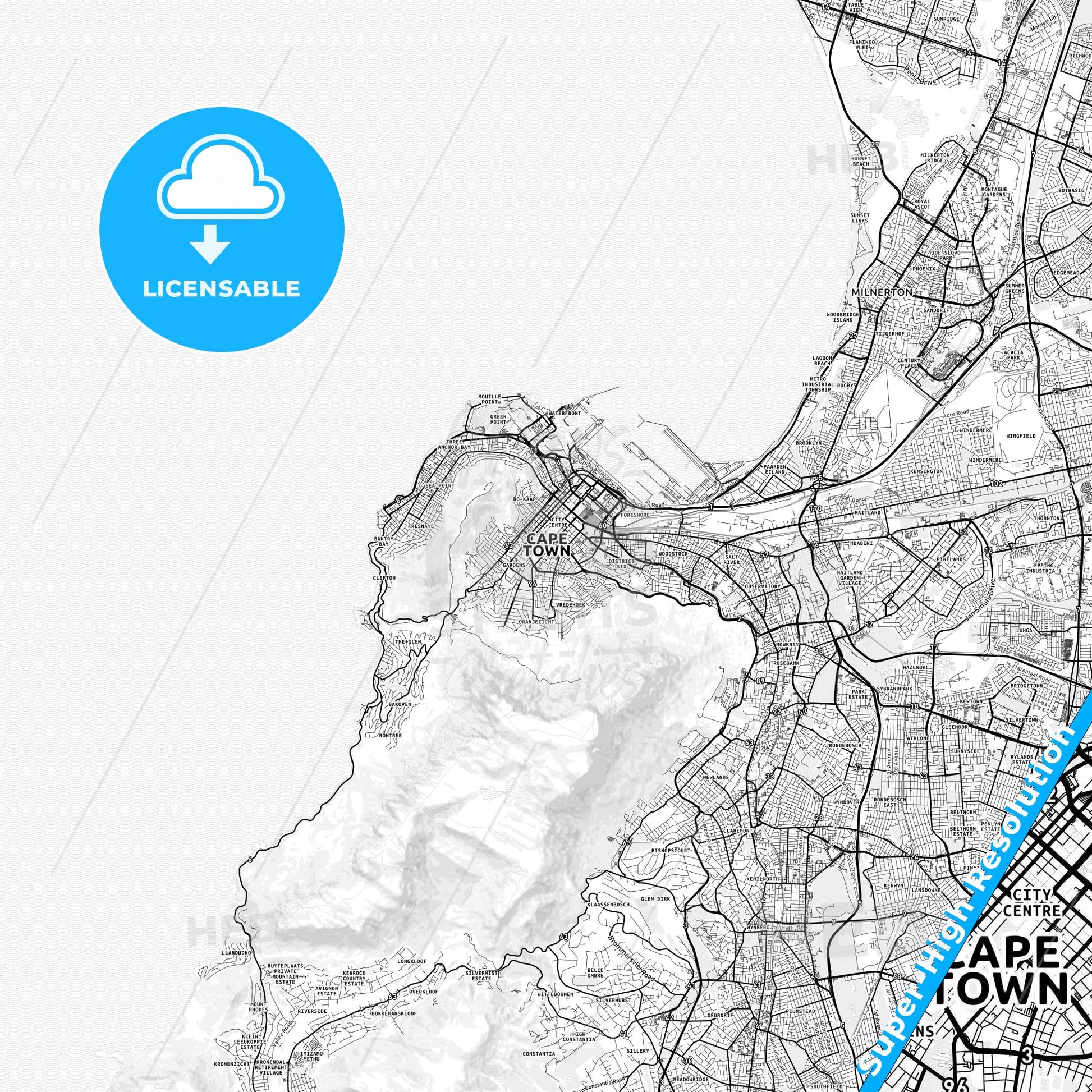 Cape Town, South Africa light map with streetnames, citynames and districts