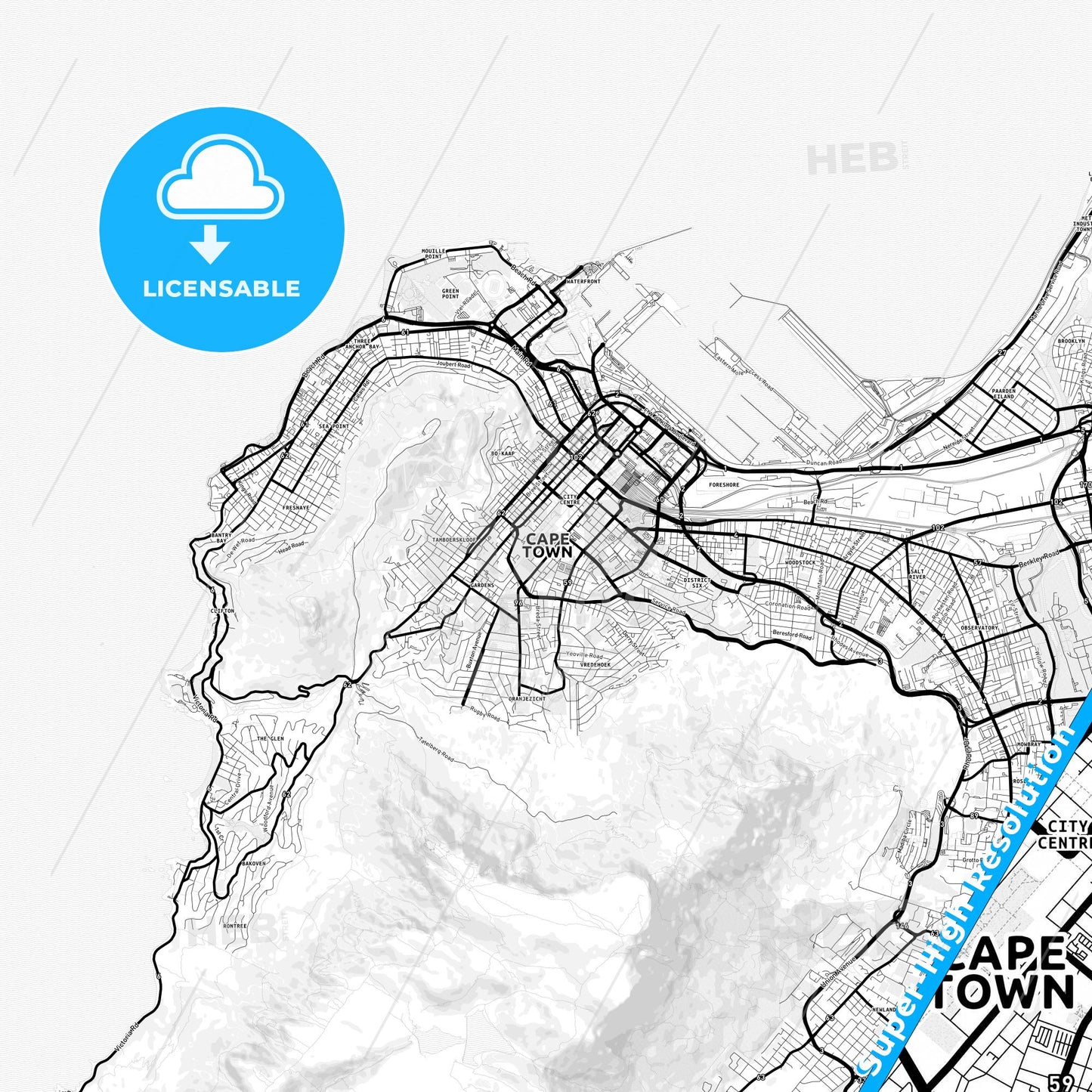 Cape Town, South Africa Light Map with Street Names, City Names, and Districts