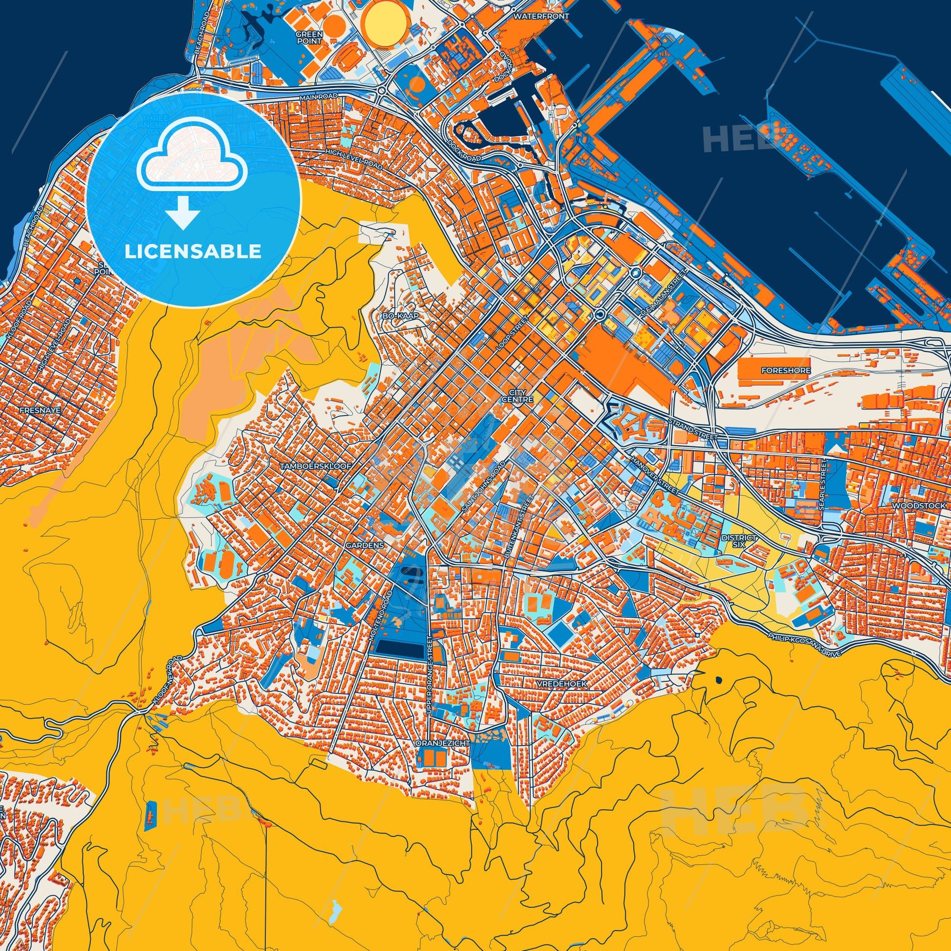 Colorful Cape Town Street Map with Labels and Buildings