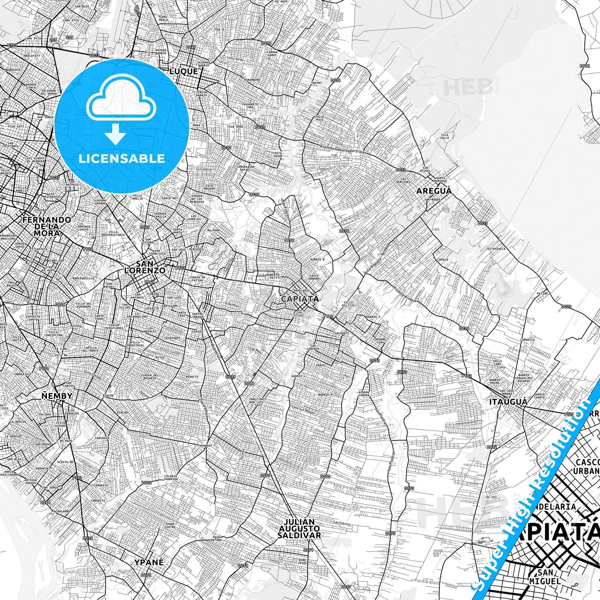 Capiata, Paraguay light map with streetnames, citynames and districts