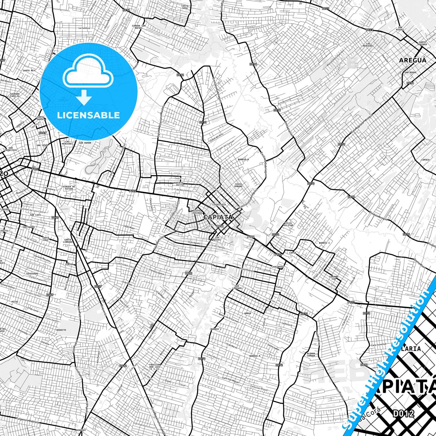 Capiata, Paraguay Light Map with Street Names, City Names, and Districts