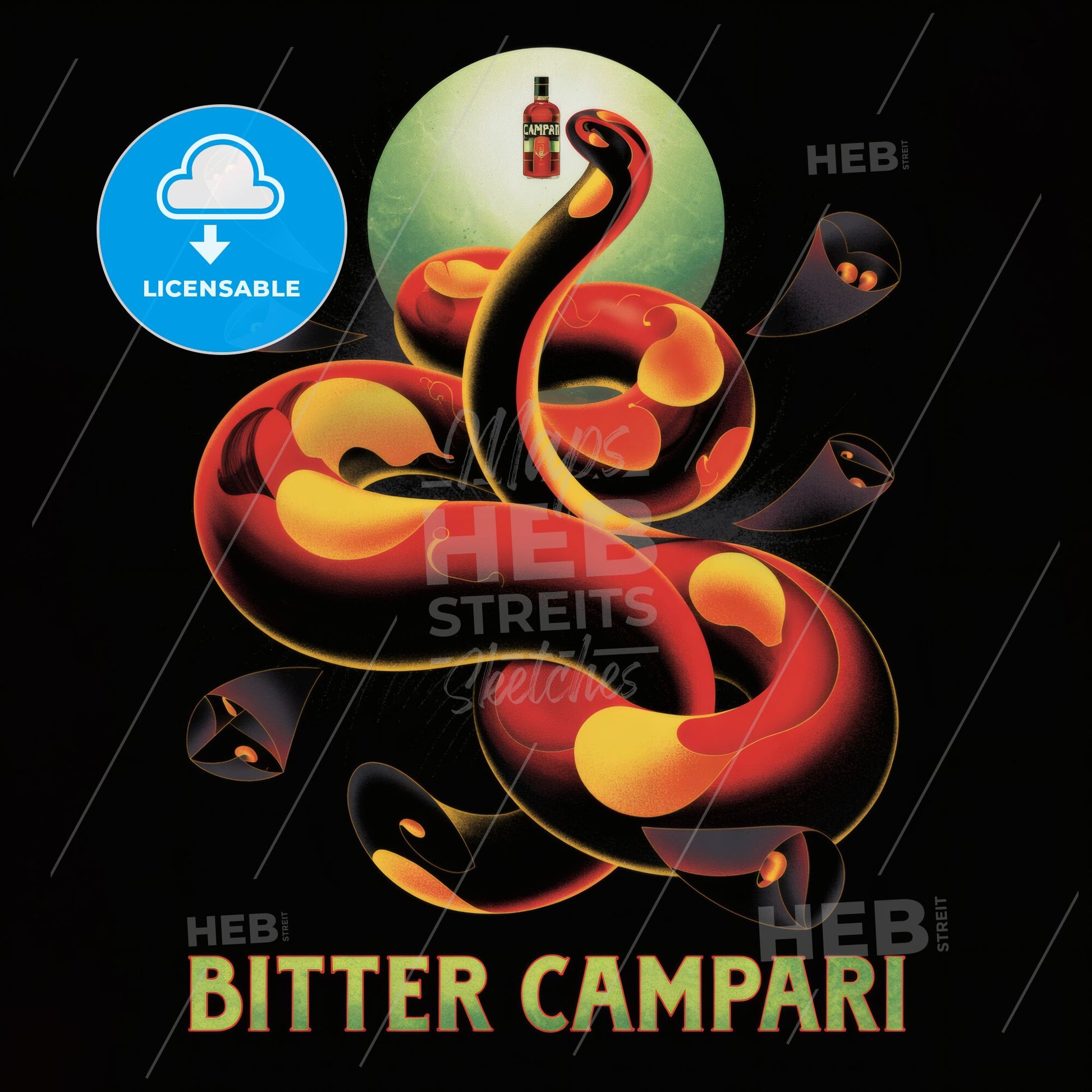 Captivating Artwork of a Vibrant Snake Embracing the Essence of Bitter Campari on a Dark Background.