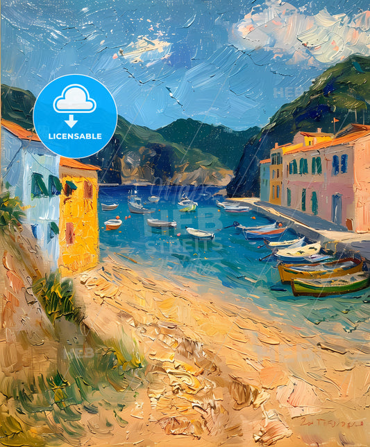 Vibrant Italian Seaside Fishing Village Painting: Colorful Houses, Azure Waters, Bustling Locals Under Warm Mediterranean Sun