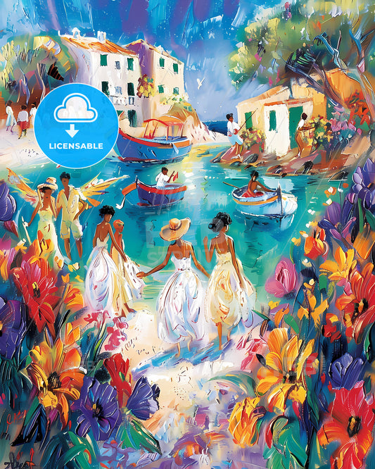 Enchanting Italian Seaside Village Painting: Colorful Houses, Azure Waters, and Lively Locals