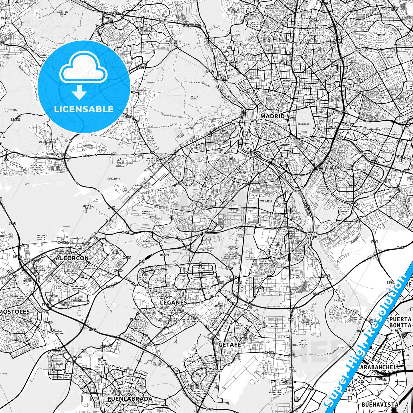 Carabanchel, Spain light map with streetnames, citynames and districts