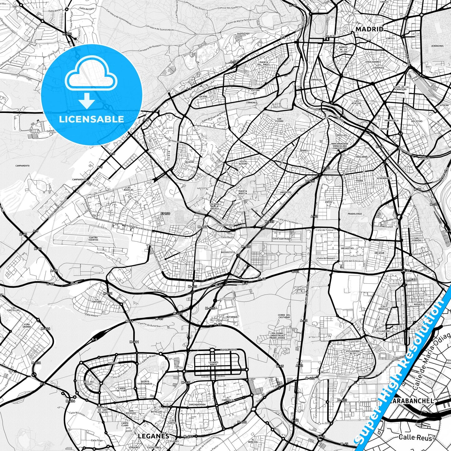 Carabanchel, Spain Light Map with Street Names, City Names, and Districts