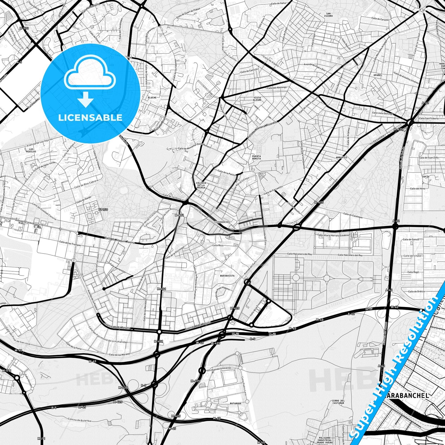 Carabanchel, Spain Light Map with Street Names, City Names, and Districts