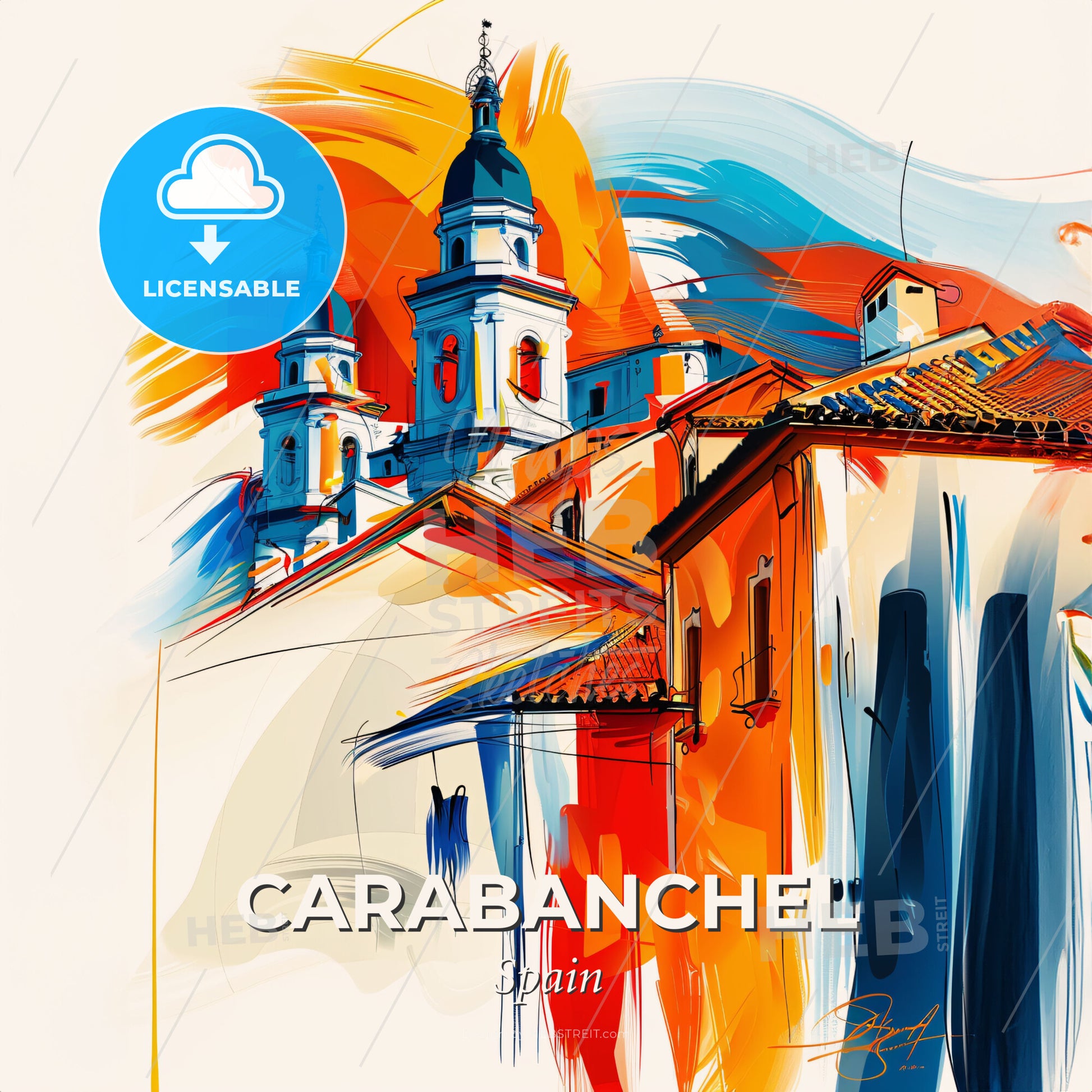Vibrant Carabanchel, Spain - A Painting Of A Building With A Colorful Background - Square format print template