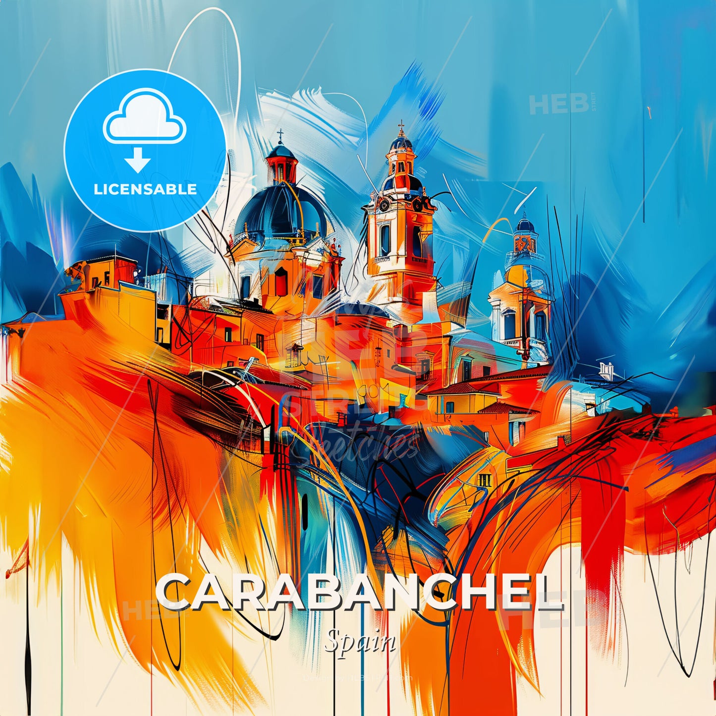 Vibrant Carabanchel, Spain - A Painting Of A Building With A Blue Sky - Square format print template