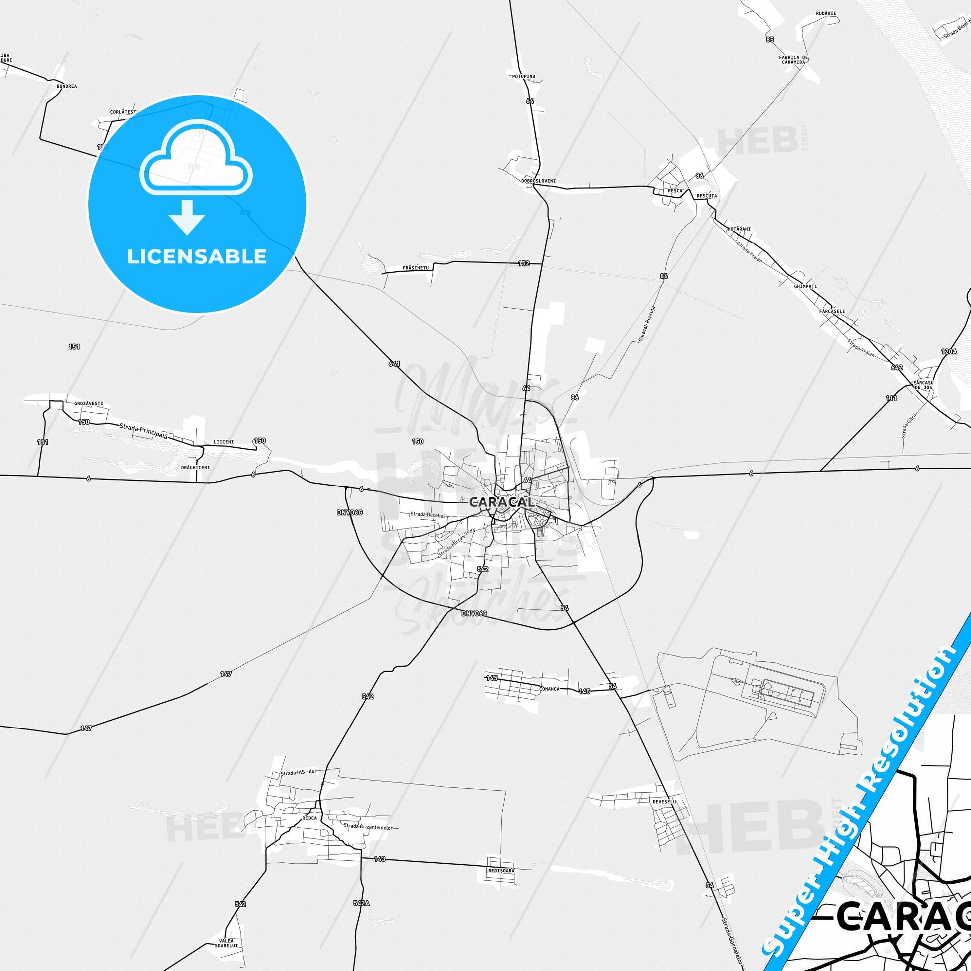 Caracal, Romania light map with streetnames, citynames and districts