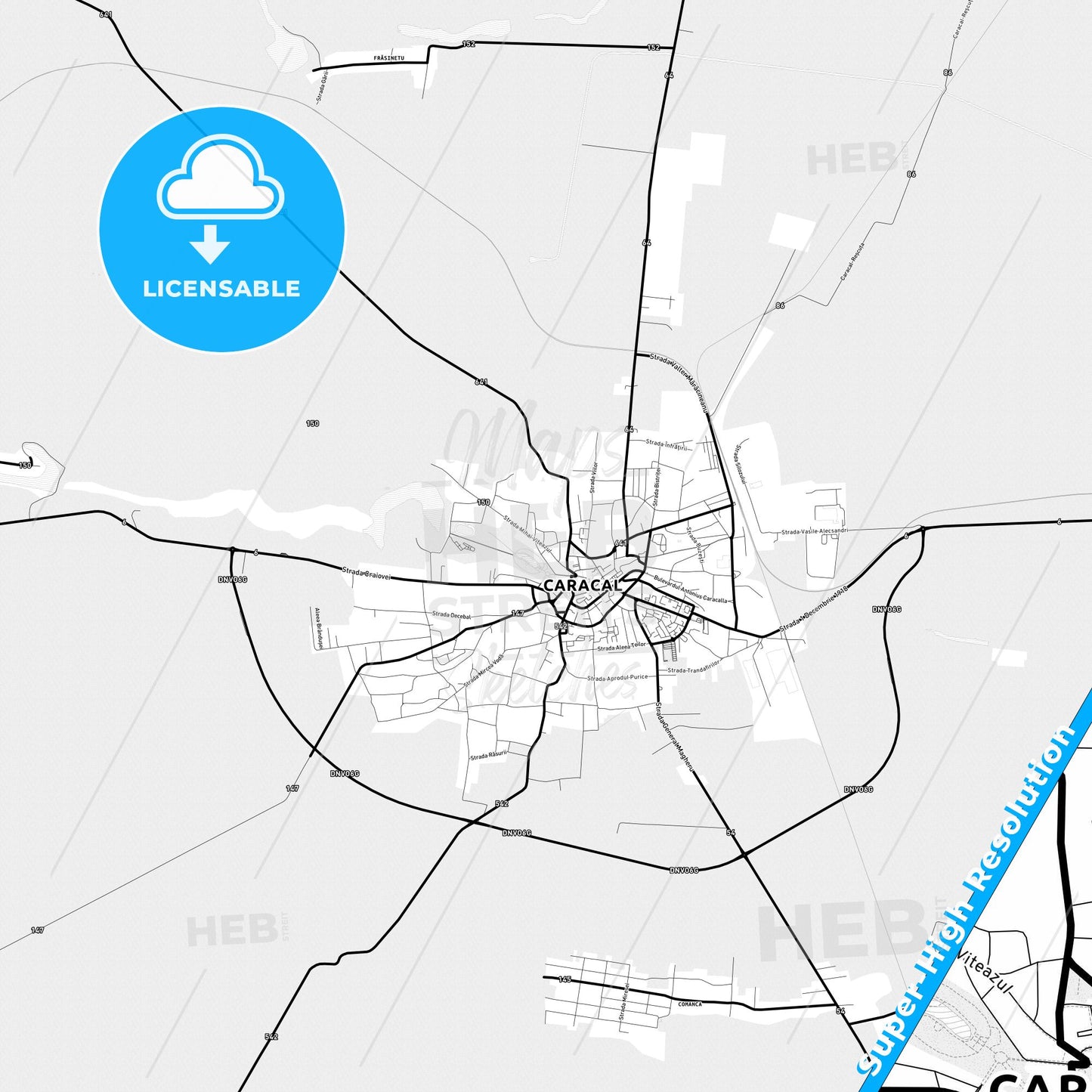 Caracal, Romania Light Map with Street Names, City Names, and Districts