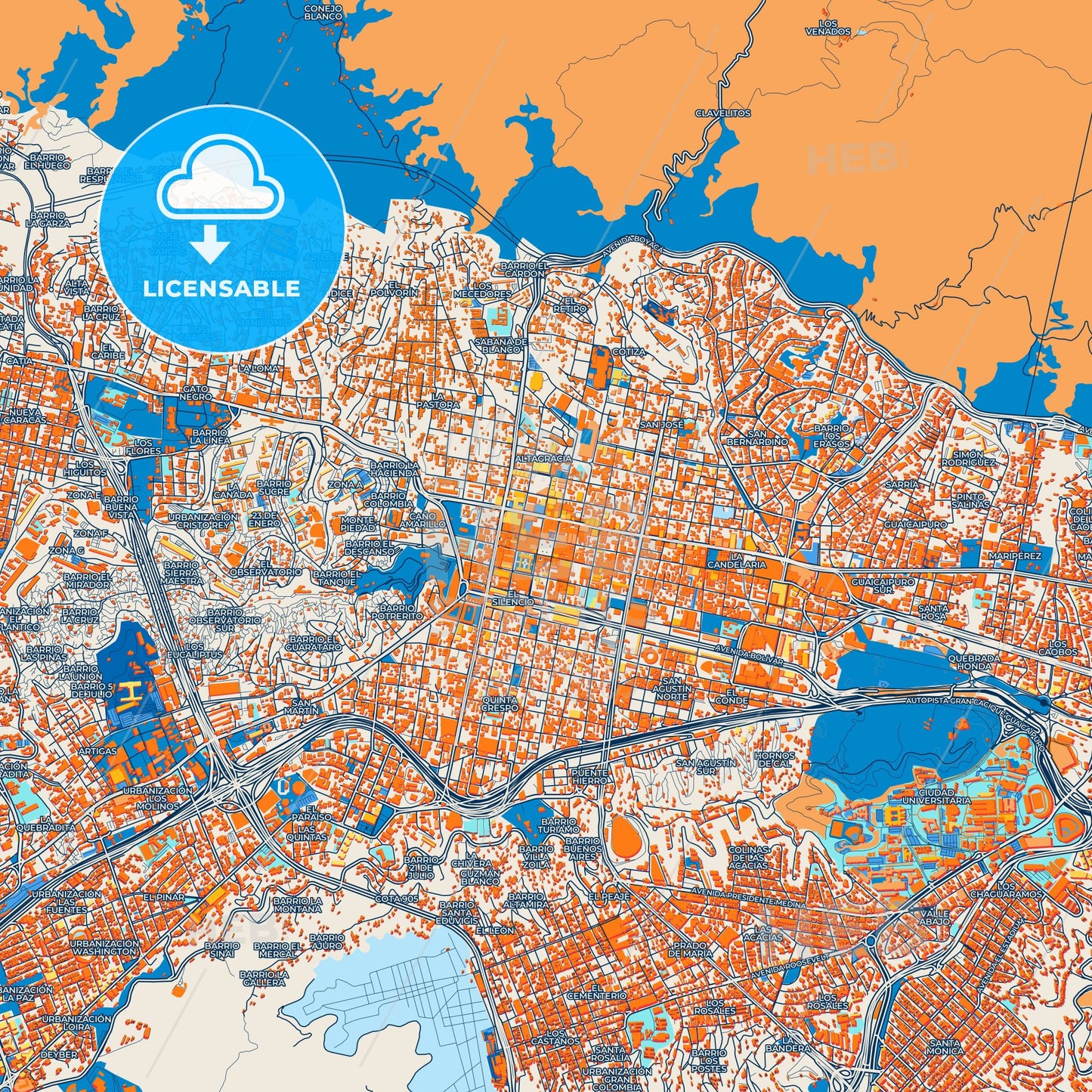 Colorful Caracas Street Map with Labels and Buildings
