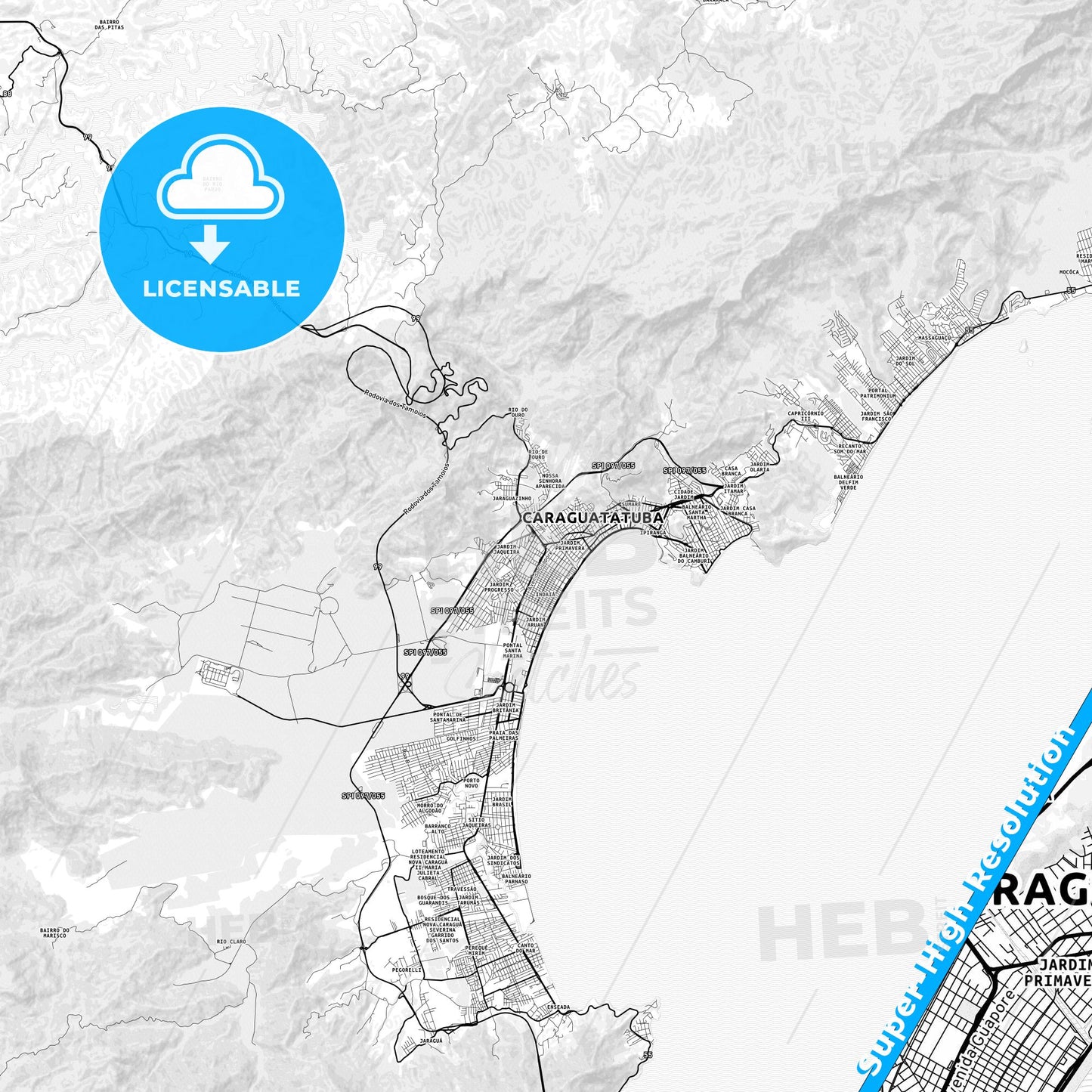 Caraguatatuba, Brazil light map with streetnames, citynames and districts