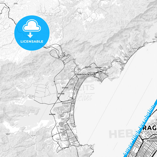 Caraguatatuba, Brazil light map with streetnames, citynames and districts