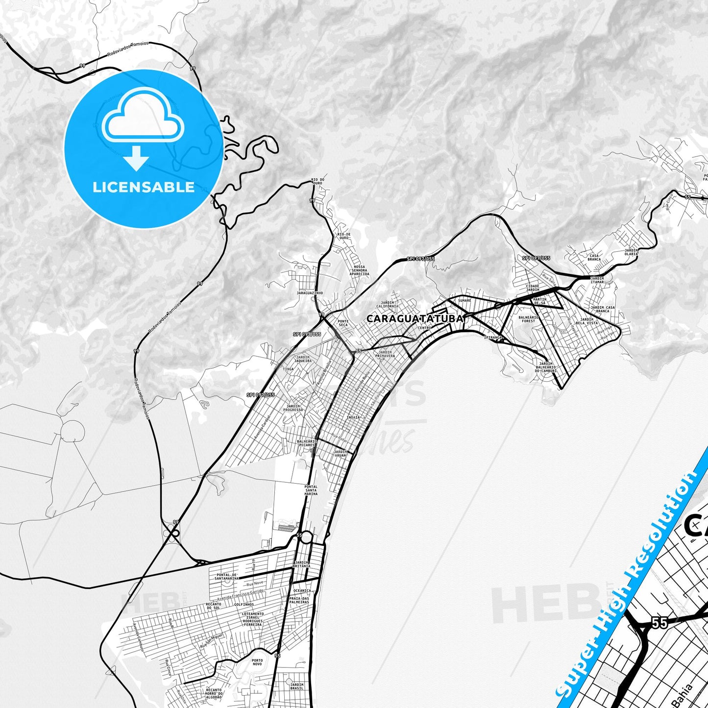 Caraguatatuba, Brazil Light Map with Street Names, City Names, and Districts