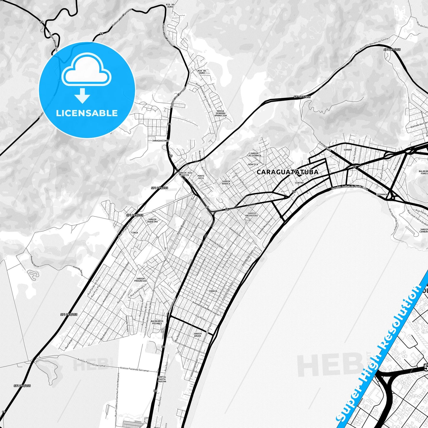 Caraguatatuba, Brazil Light Map with Street Names, City Names, and Districts