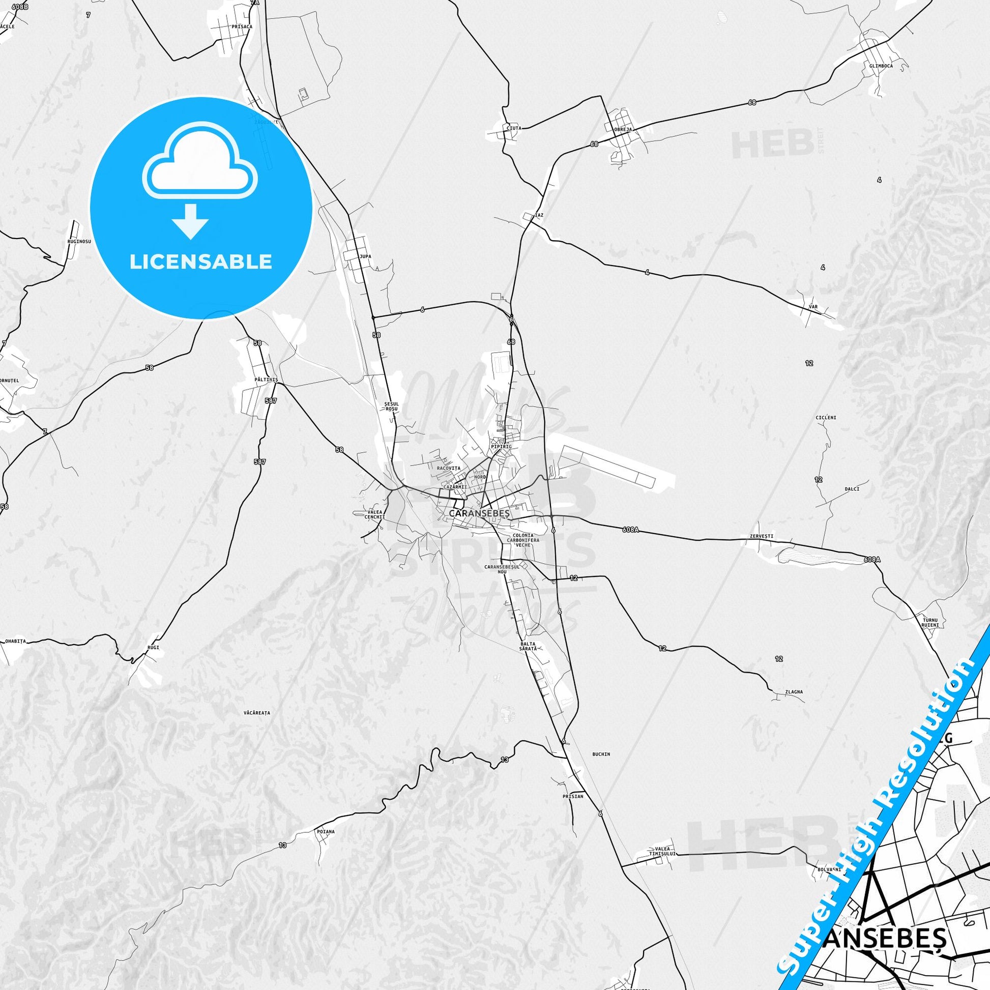 Caransebeș, Romania light map with streetnames, citynames and districts