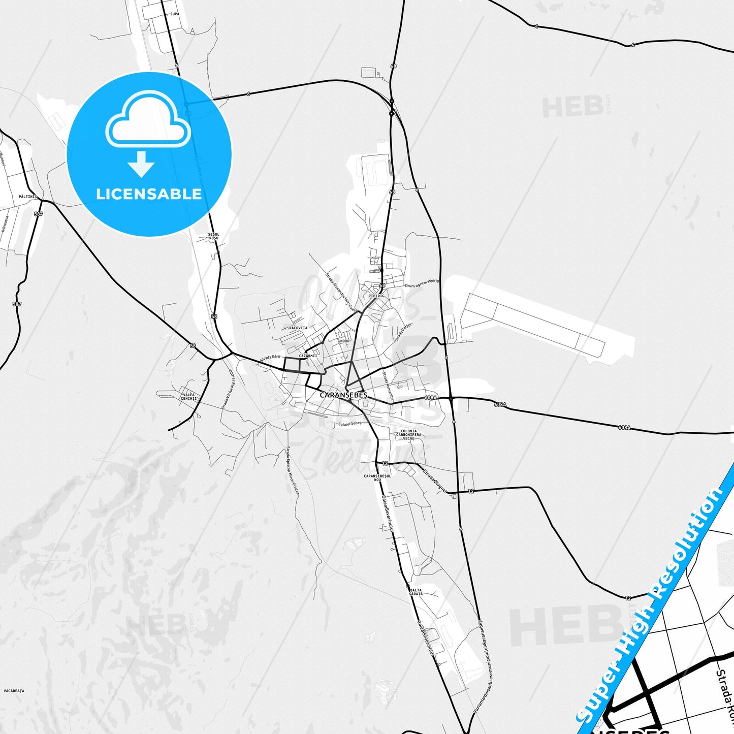 Caransebeș, Romania Light Map with Street Names, City Names, and Districts