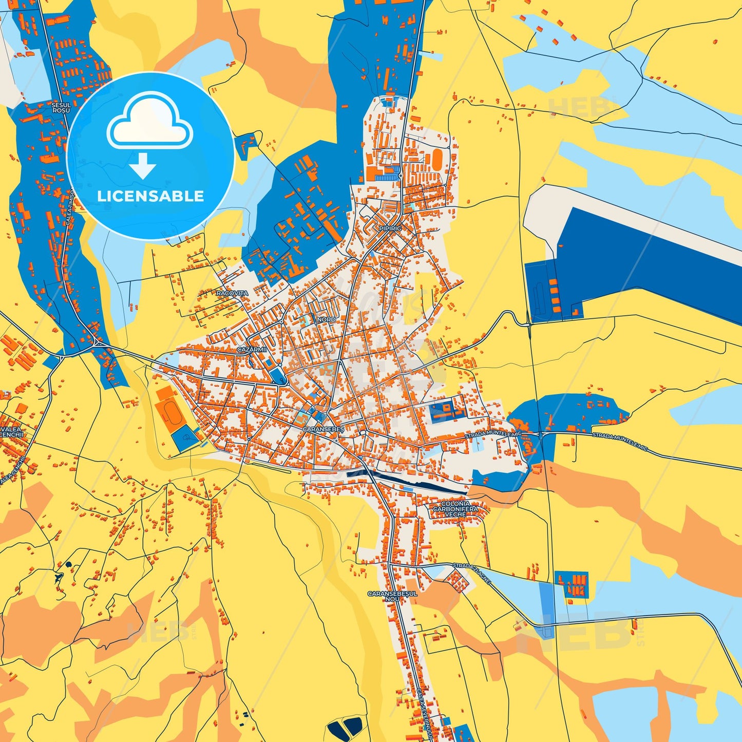 Colorful Caransebeș Street Map with Labels and Buildings