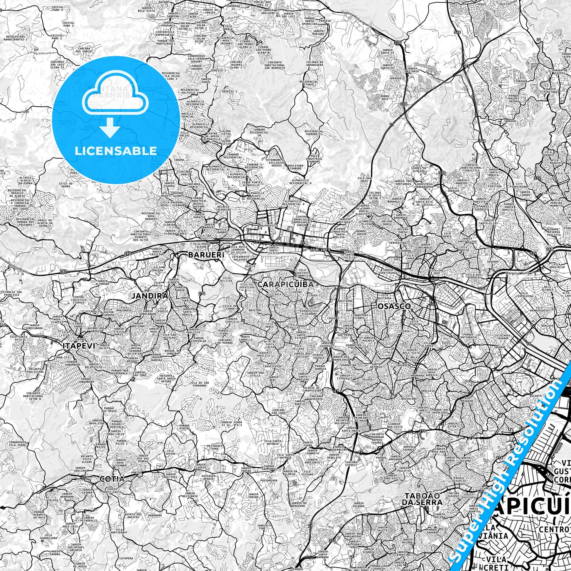 Carapicuiba, Brazil light map with streetnames, citynames and districts