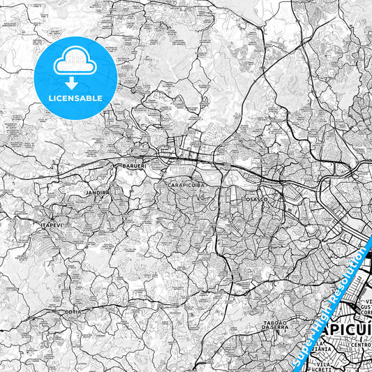 Carapicuiba, Brazil light map with streetnames, citynames and districts