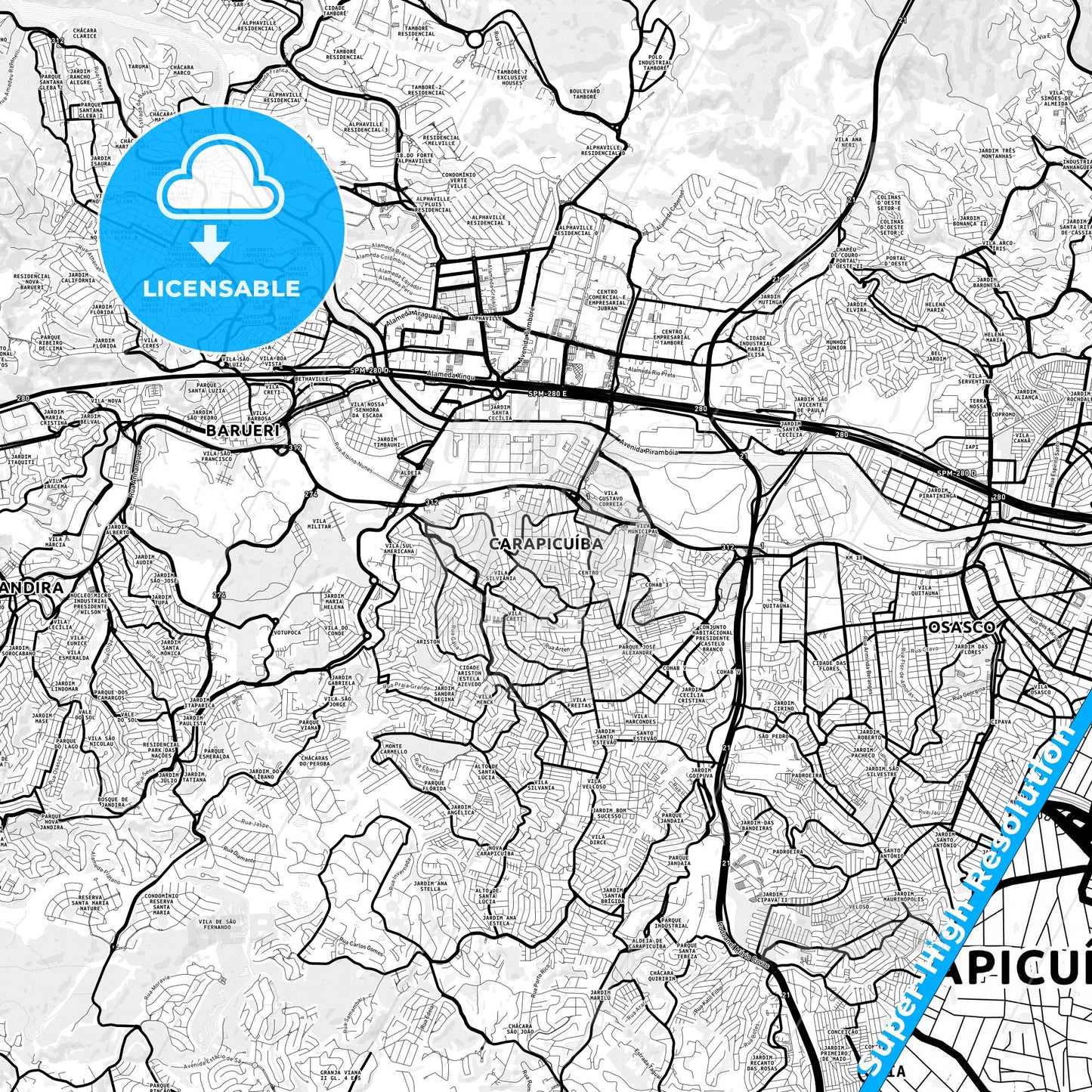 Carapicuiba, Brazil Light Map with Street Names, City Names, and Districts