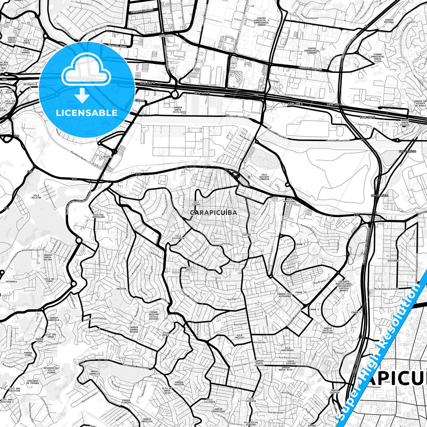 Carapicuiba, Brazil Light Map with Street Names, City Names, and Districts