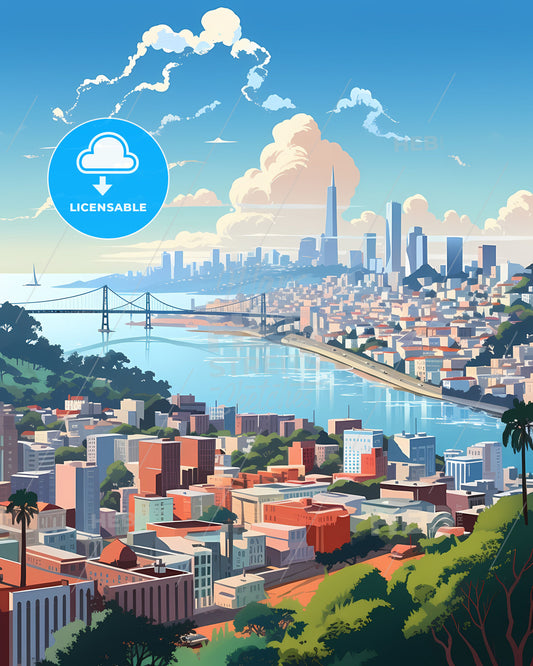 Vibrant Painting Depicting Carapicuiba Brazil Skyline with Bridge and River