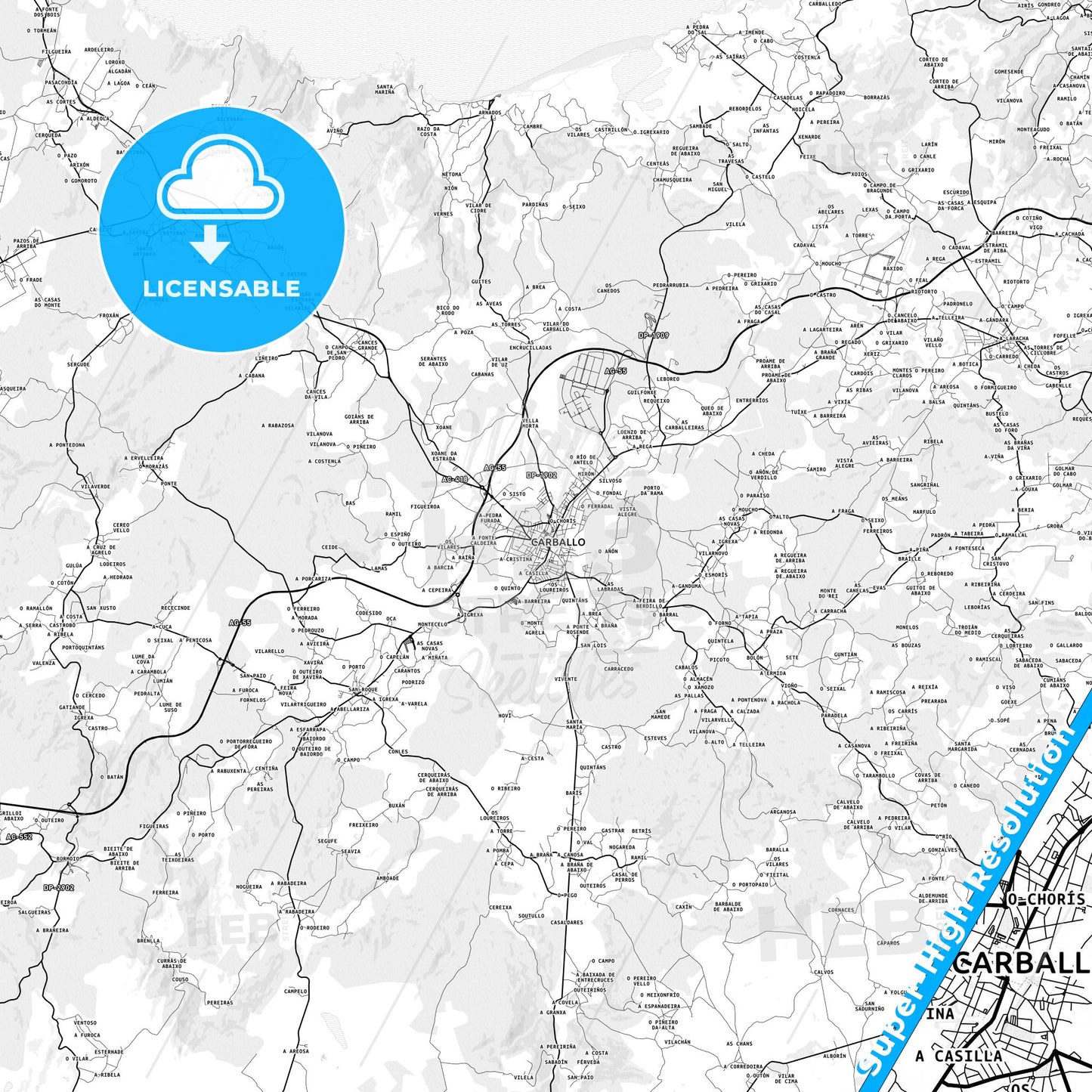 Carballo, Spain light map with streetnames, citynames and districts