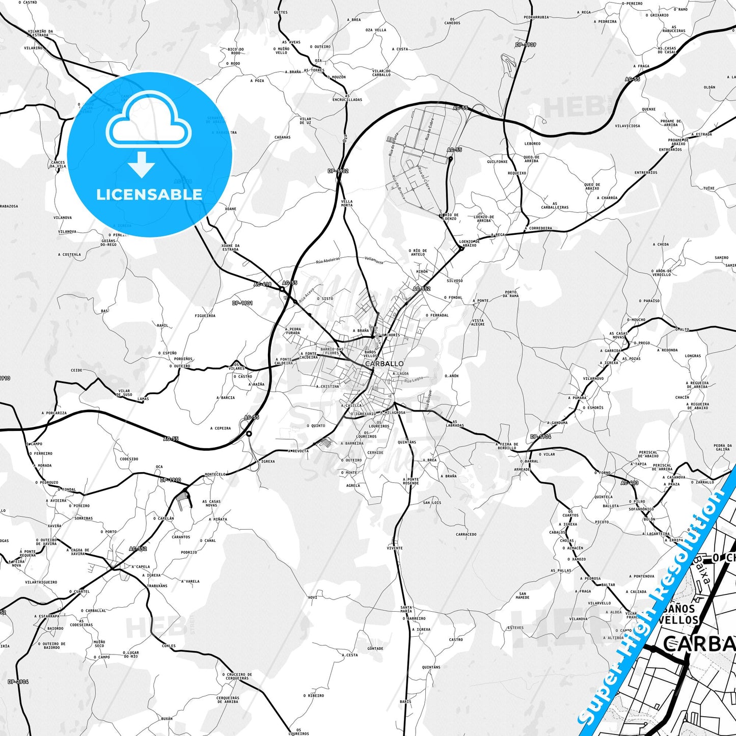 Carballo, Spain Light Map with Street Names, City Names, and Districts