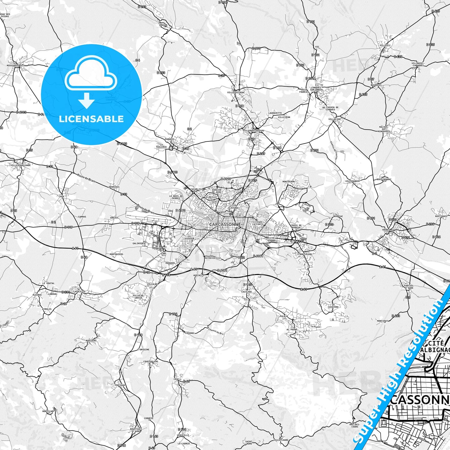 Carcassonne, France light map with streetnames, citynames and districts
